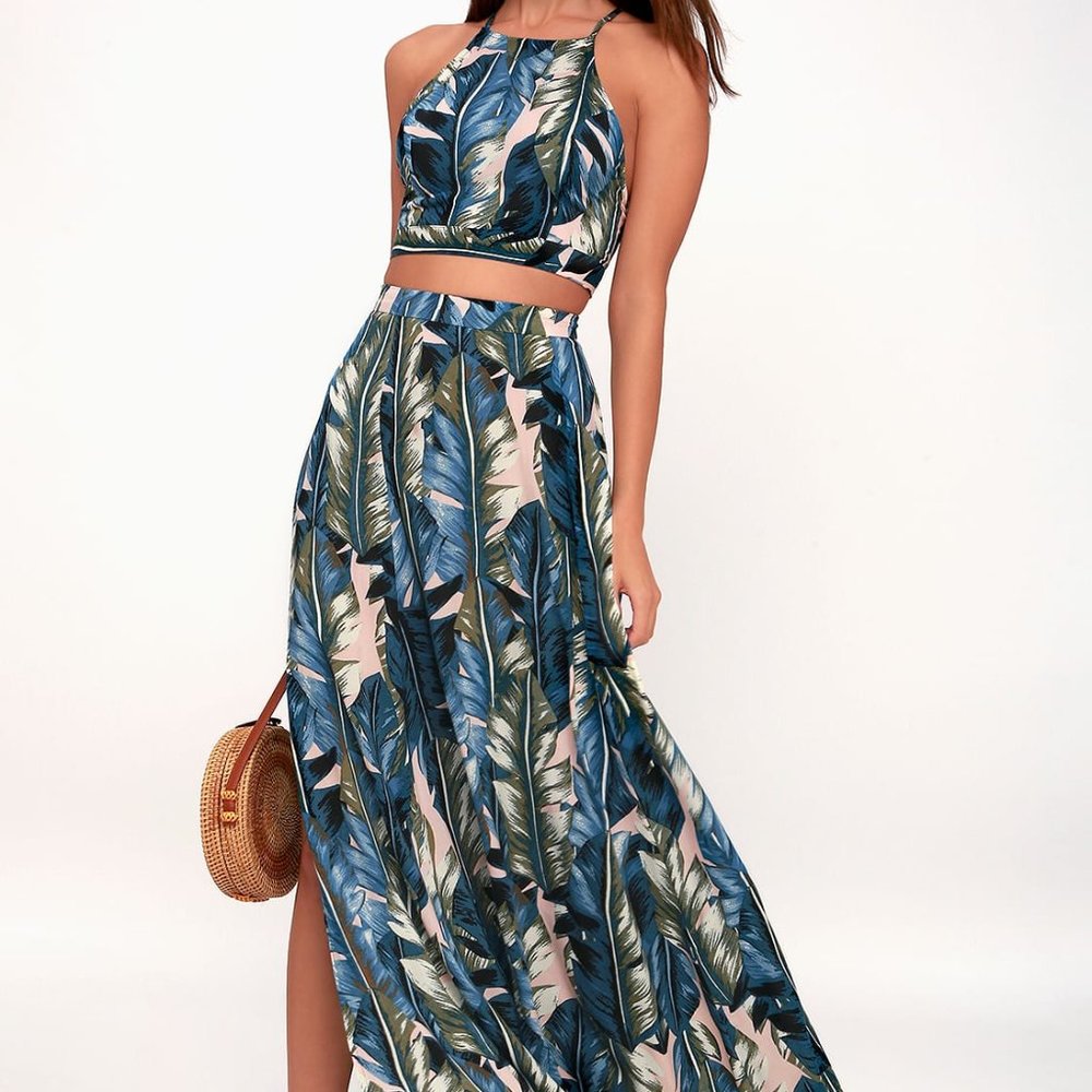 NWT Lulus Back to Your Roots Teal Blue Leaf Print Two-Piece Maxi Dress